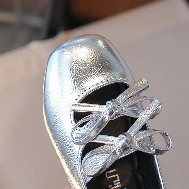 Kids Baby Girl Children Black Gold Silver Wedding Party Princess Leather Soft Bottom Shoes Girls Bow-tie Single Shoes H08093 250219