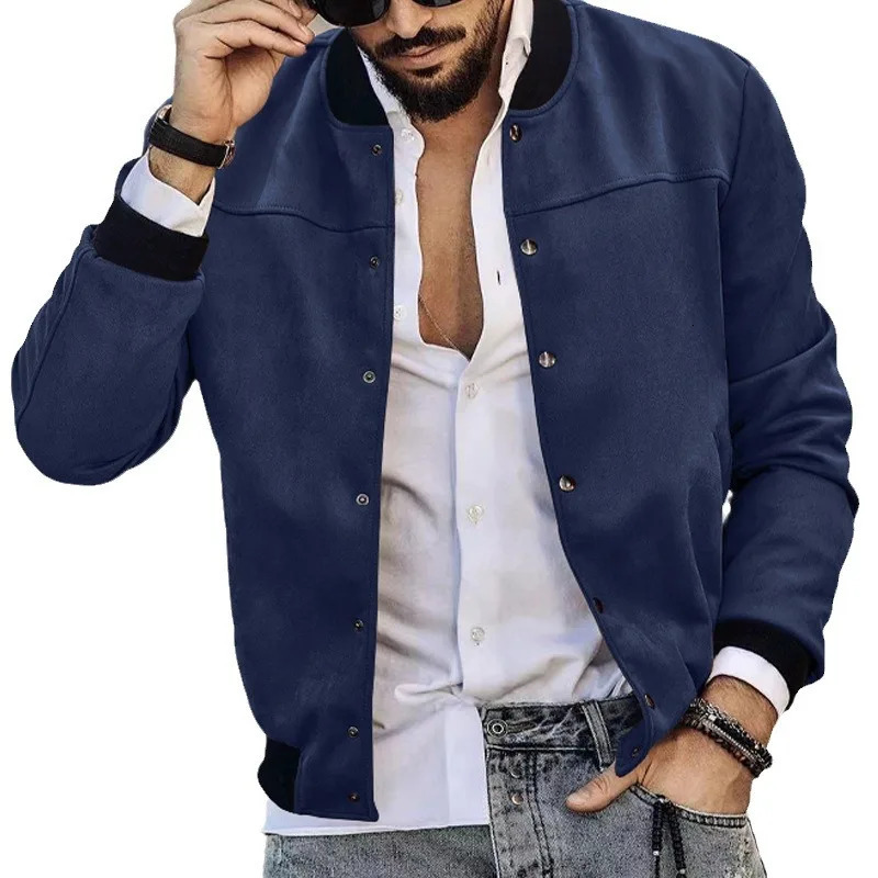25 Mens Solid Suede StandUp Jacket Button Cardigan CrossBorder Casual Vintage American 250210
