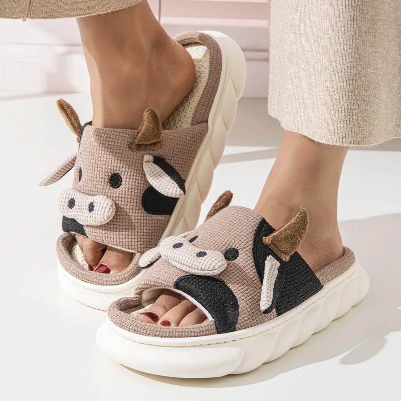 Cartoon Cute Cow House Slippers Women Platform Soft Sole Anti-slip Home Slides Woman Lightweight Warm Plush Indoor Cozy Slippers 250213