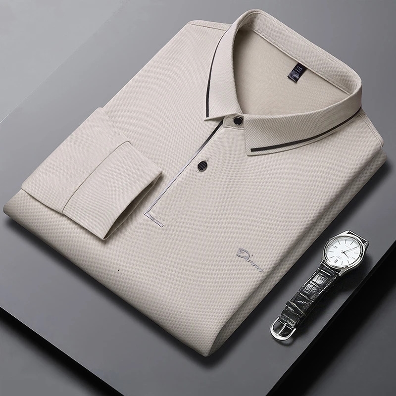 Mens Business Casual Long Sleeved Shirt with Badge Solid Color Polo Fashionable Breathable Comfortable Versatile Top y250213