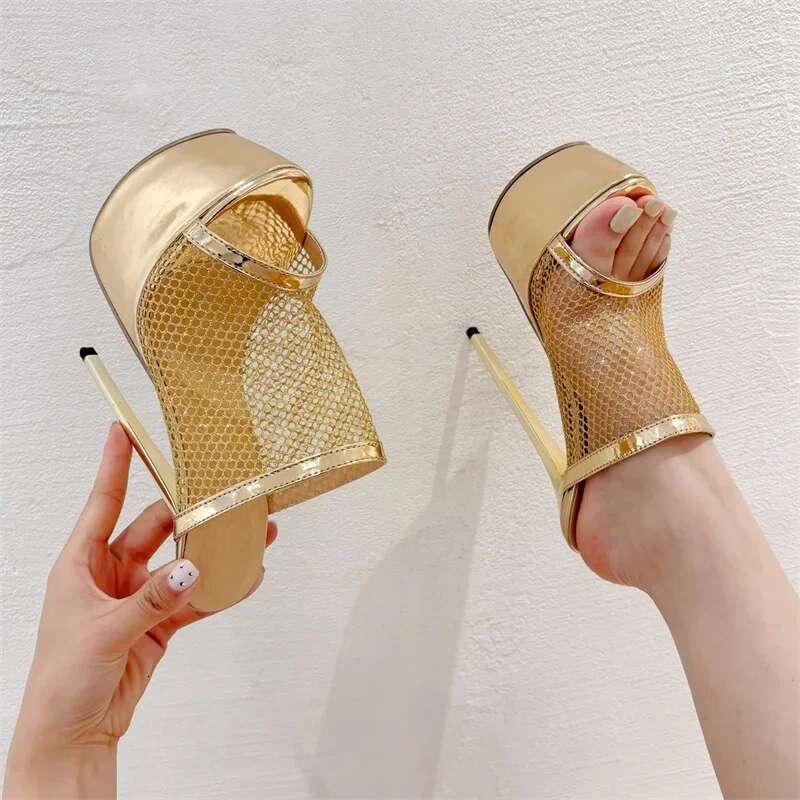 2025 New Design Mesh Fabric Sexy Women Slippers Platform Peep Toe Nightclub Stiletto High Heels Gold Sier Female Shoes