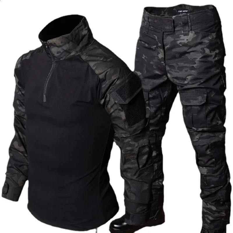 Summer Black Camo Training Set Mens Half Zip Combat Tops Waterproof Tactical Suit Elastic Multiple Pockets Quick Drying 3-pcs 250218