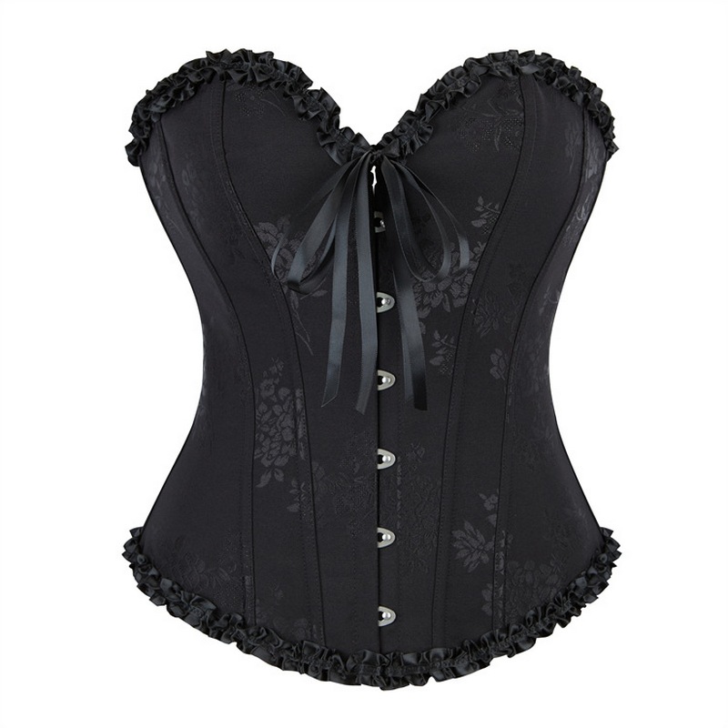 2025 New Chic Women's Jacquard Overbust Corset in Floral Brocade Fabric with Ruffle Trim and Ribbon Details Black White Red Dark Blue