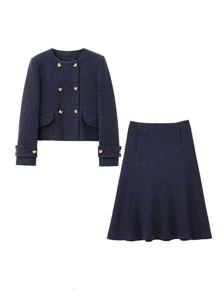Elegant Women's Two Pieces Set Blazer Skirts Suits O-Neck Double-Breasted Outerwear Pocket Midi Skirt Lady New In Matching Sets