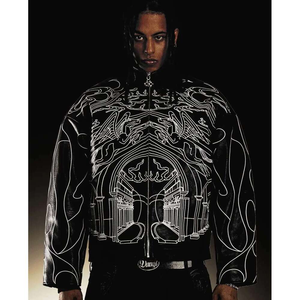 Men's Retro Gothic Jackets, Hip Hop Rock Line, Letter Pattern, PU Leather Jacket, Thick Black, ADT Zipper, Combined, Y2k