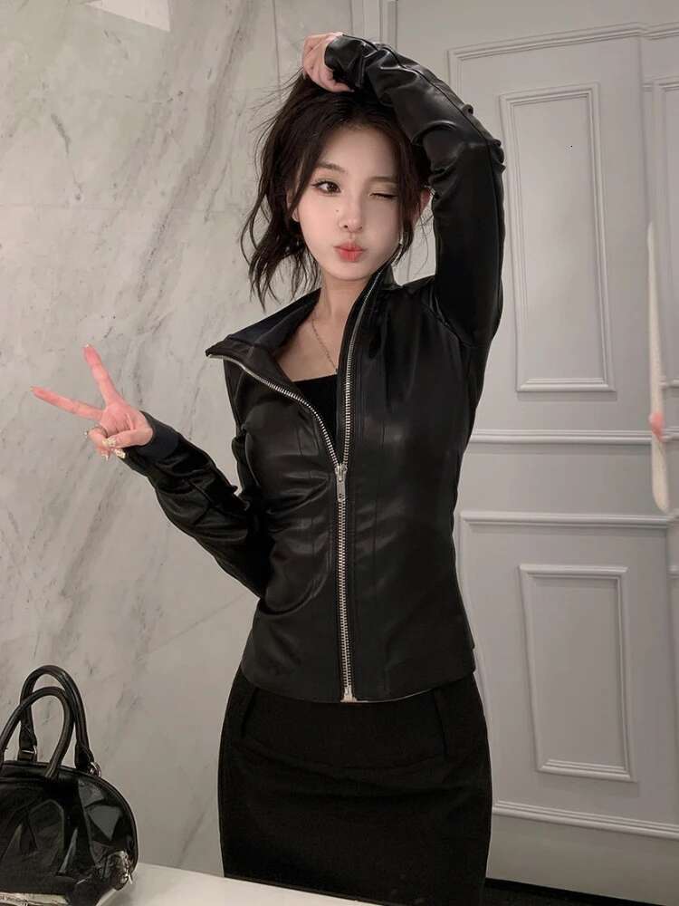 Streetwear Solid Women PU Jackets Y2k Aesthetic Zipper Slim Fit Cropped Elastic Coats Haruku Casual Black Punk Mujer Chaqueta