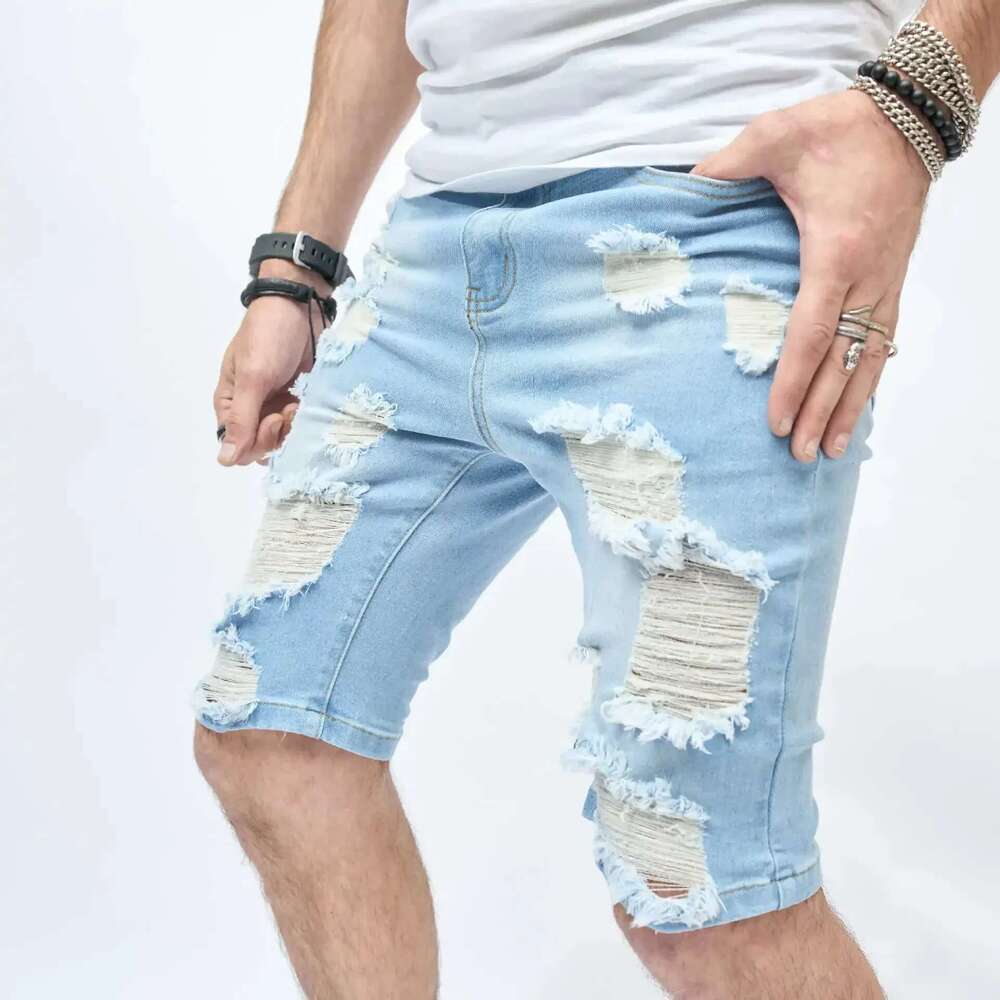 Ripped Shorts Men Summer Streetwear Slim Fit Ripped Denim Shorts Stylish Holes Solid Casual Straight Jeans Male Five-Point Pants