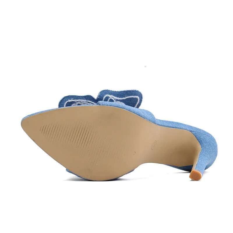 Sexy Denim Butterfly wer Thin Heels Slipper Women Summer Fashion Pointed Toe Slides Stripper Party Mule Shoes