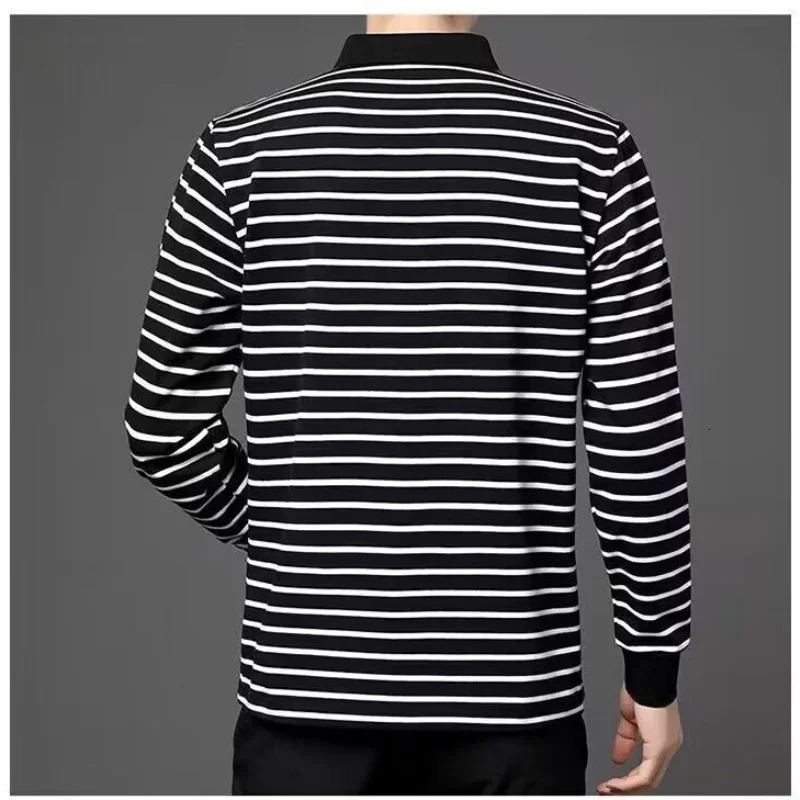 Spring and Autumn Mens Long Sleeve Tshirt with Polo Collar Black White Stripes Top Youth Casual Male Comfortable Shirt 250219