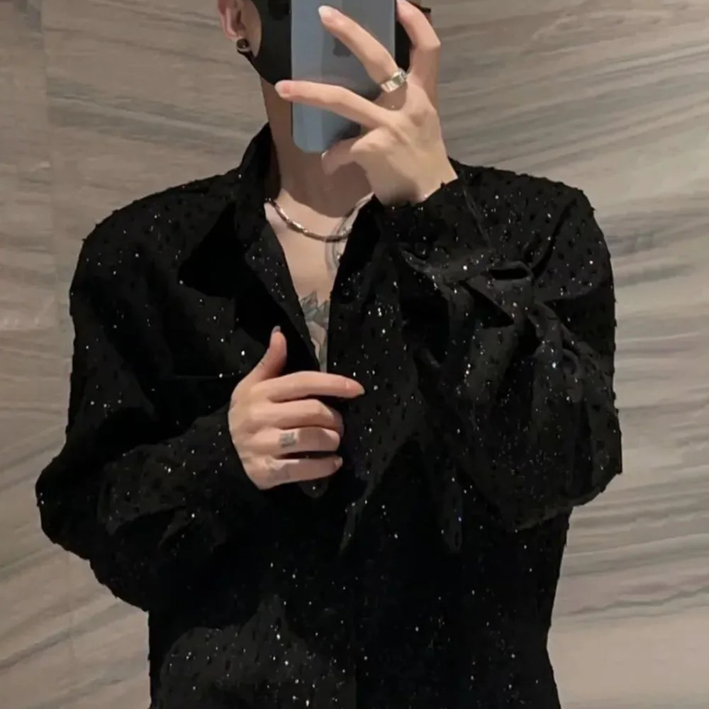 Mens Shirts Starry Sky Diamond Autumn Streetwear Fashion Niche Personality Sequins Performance Tops Clothing 250219