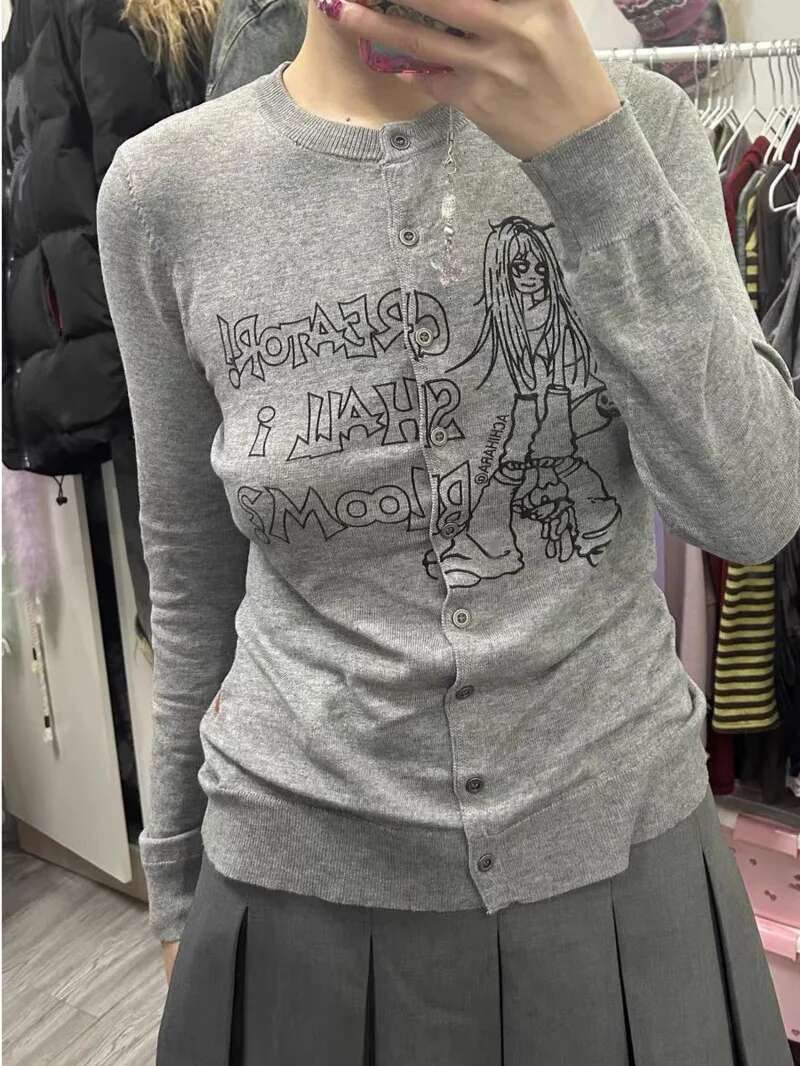 Haruku Long Sleeve Knit Cardigan Hoodie Japanese Style Y2k Gyaru Goth 90s Vintage Design T-shirt Trend Retro 2000s Outerwears