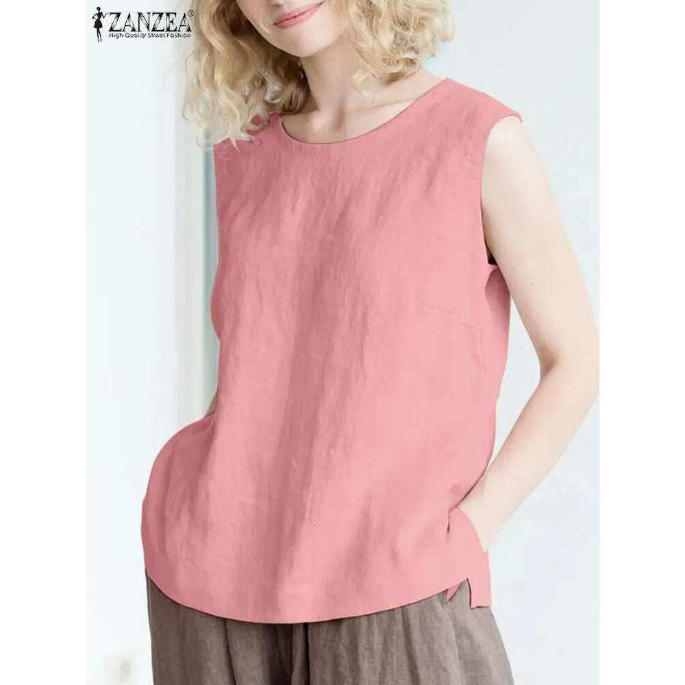 ZANZEA Women's Blouse Summer Sleeveless Solid Color Cotton Shirt Femme Fashion Causal Elegant Holiday Beach Tank Tops Blusas