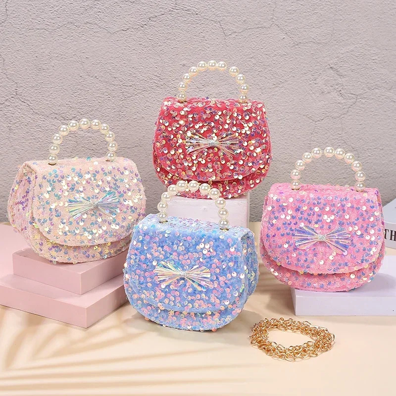 Pink Sequin Pearl Small Shoulder Bag for Baby Girls Children Mini Crossbody Bag Cut Kinds Coin Purses Little Girl Handbag 250219