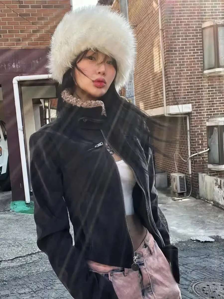 Korean Vintage Berber Fleece Fur Collar Corduroy Cropped Jacket + Single Breasted Off Shoulder All Match Cardigan Women Suits