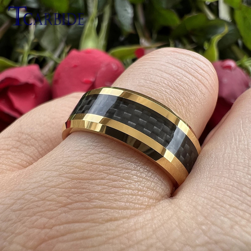 8MM Men Women Tungsten Carbide Ring With Carbon Fiber Inlay Beveled Polished Classic Gift Jewelry Comfort Fit 250218