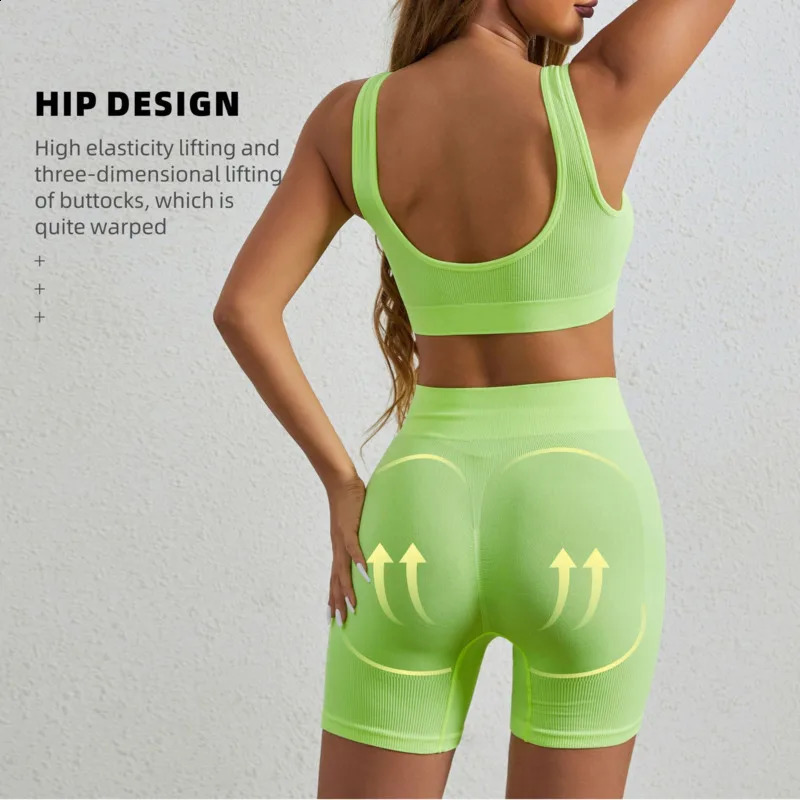 Yoga Sets Womens Outfits Peach Hip Lifting Suit Neck Hanging Sports Bra Shockproof Quick Drying Shorts Set Female Tracksuit 250219