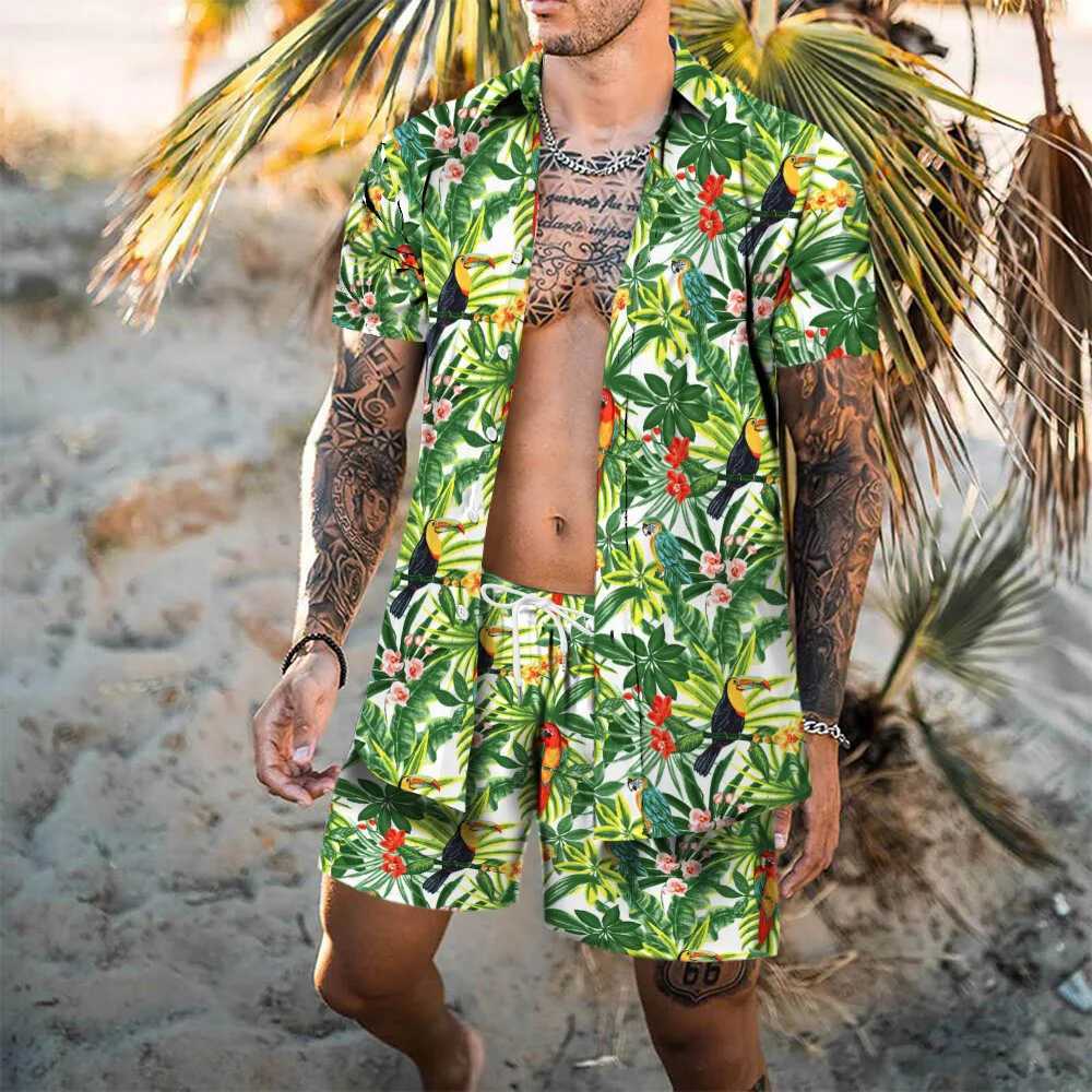 Beach printed Hawaii Set Mens 2Pcs Shirt 3D Print Loose Leisure short sleeve Beach Shorts Shirt Holiday Fashion Two piece SetXJ250218