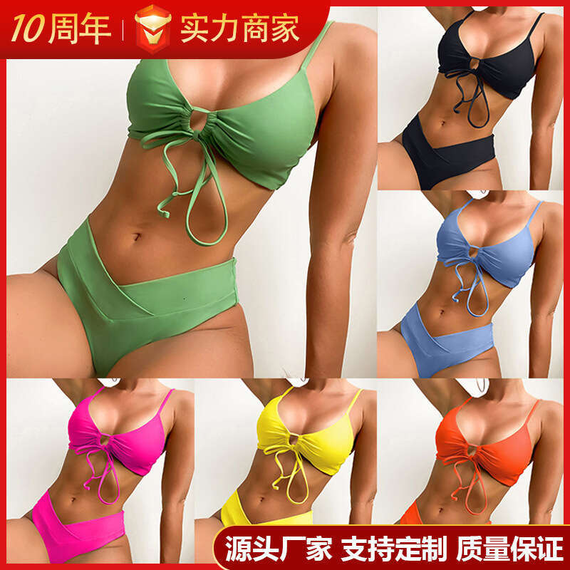 European and American solid color lace up sexy bikini split swimsuit women's 2025 new style temperament chic elegant clothing