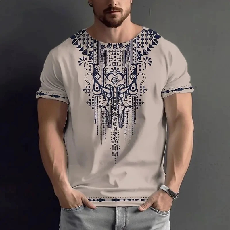 Summer Mens Vintage Tshirt Ethnic Style Printed Top Street Fashion ONeck Short Sleeve Leisure Holiday Plus Size Clothin 250217