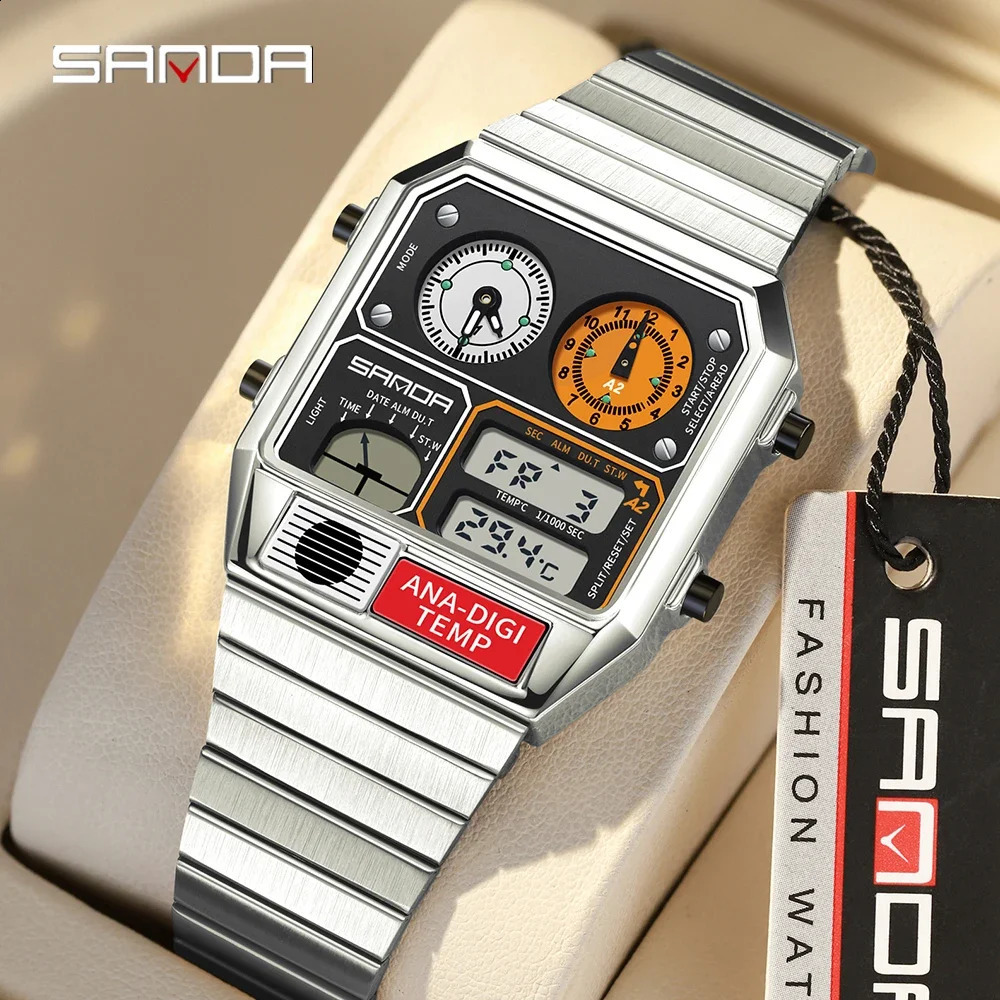 SANDA 3192 -selling LED Electronic Square Mens Youth Casual Multi-function Thermometer Stopwatch Chronograph Mens Watch 250217