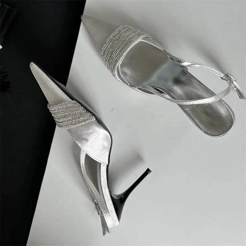 CRYSTAL Rhie Silk Women Pumps Sexy Sgbacks Buckle Strap Prom Thin Heels Elegant Sandals Mule Shoes