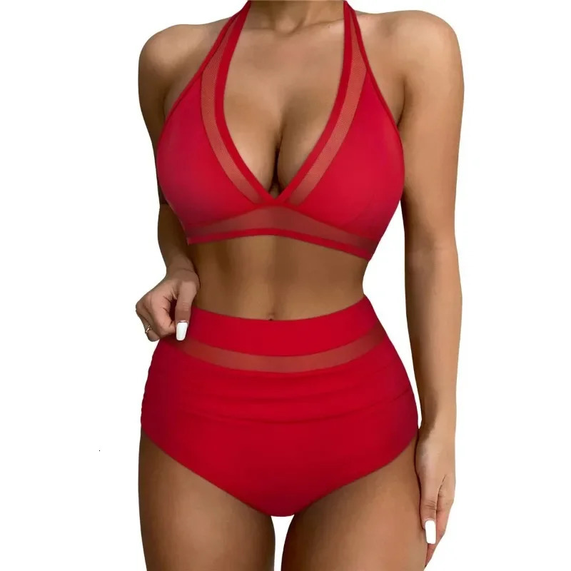 Push fit bikini red camisole swimsuit womens high waisted printed 250219