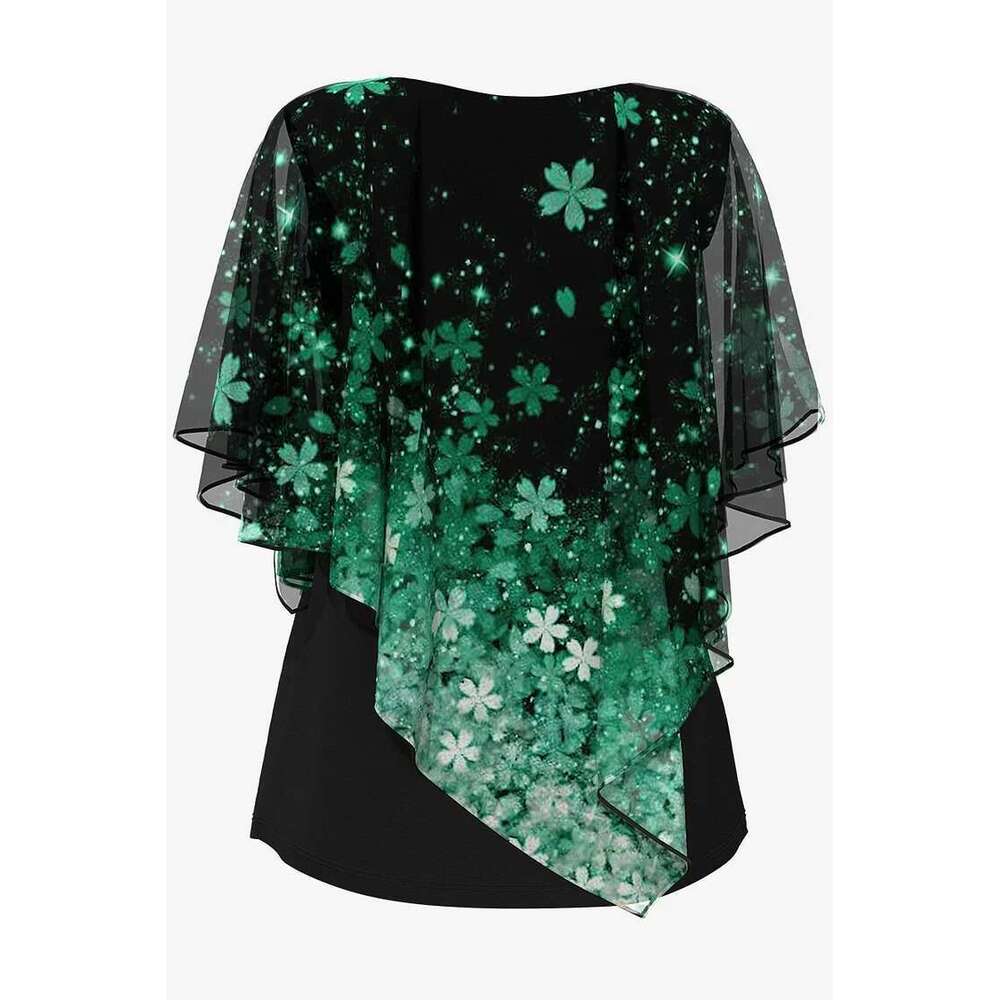 Plus Size Blouse Cloak Loose Casual Ral Print Ruffle Batwing Cape Sleeve Tee Medium Stretch Women Shirt Top