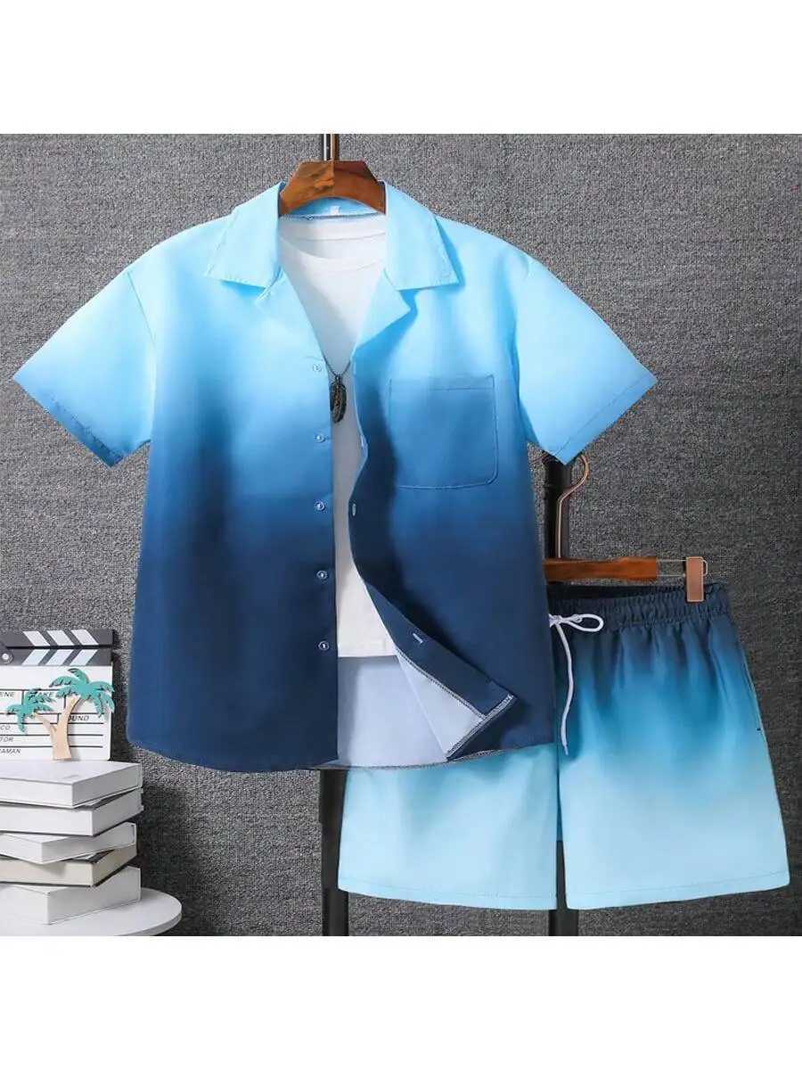 2pcs Mens Casual Summer Outfits Color Block Short Sleeve T-Shirt Drawstring Shorts Set Beach Sports Exercise Short ClothinXJ250218