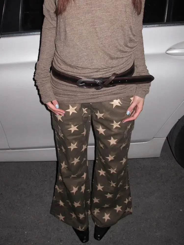 European and American Retro Star Print Loose Casual Cargo Pants Women Y2K Harajuku Low Waist Fashionable Hip-hop Floor Pants 250218