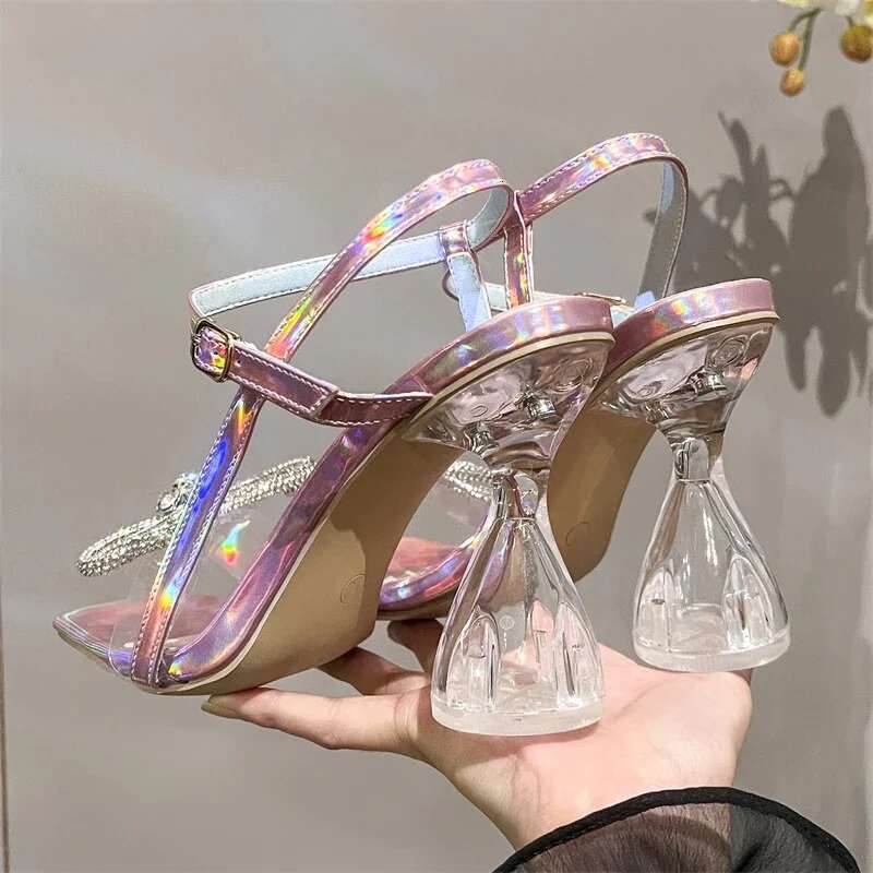 Fashion Butterfly-knot Buckle Strap Square Toe Woman Sandals Crystal Transparent High Heels Party Shoes atos De Mujer