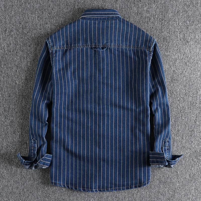 European and n retro yarn-dyed striped jeans shirt men wash khaki fashion youth loose casual thin coat 250214