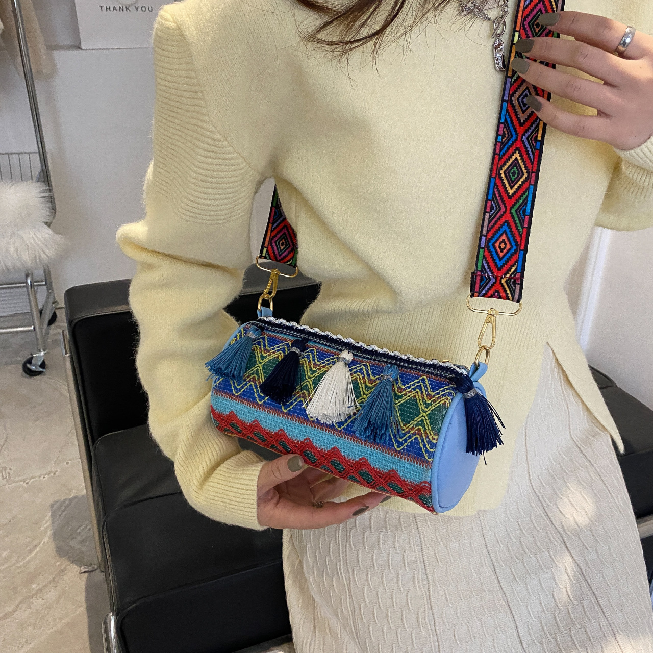 2025 Spring New Tassel Fashion Ethnic Style Contrast Embroidery Thread Cylindrical Women's Crossbody Shoulder Bag #swissmilitary