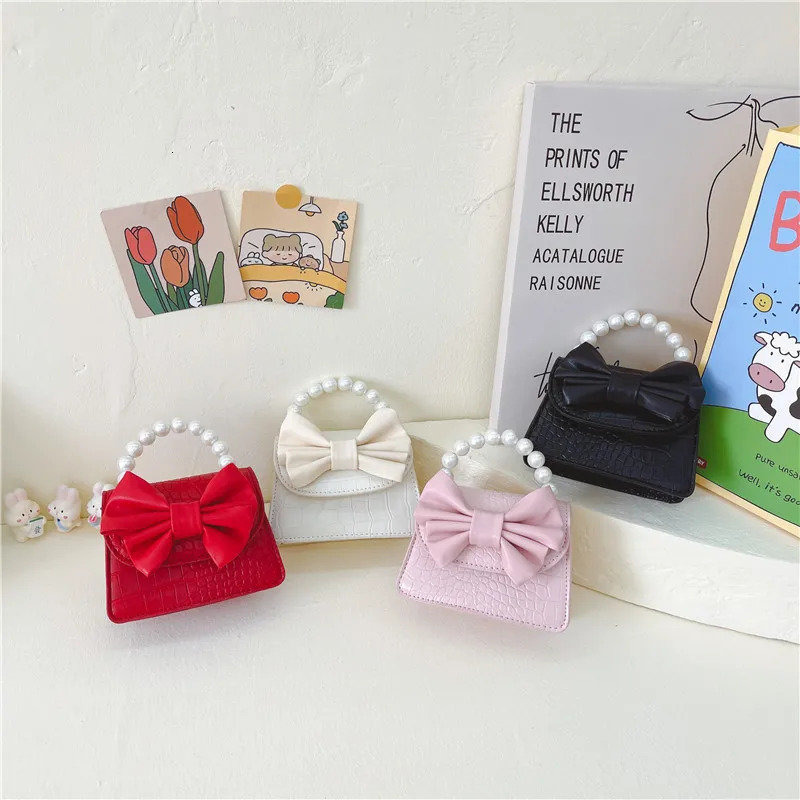 Cute Bowknot Childrens Coin Purse Fashion Pearl Handle Princess Handbags Pu Leather Girls Shoulder Bags Chain Crossbody Bags 250219