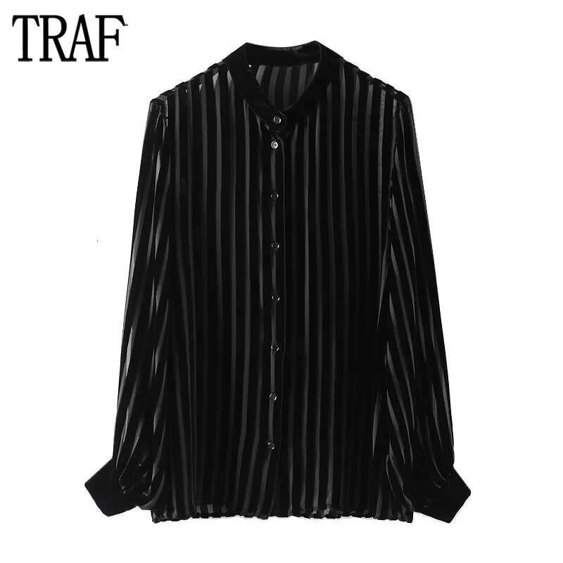 Striped Veet For Black Oversize Shirt Woman Long Sleeve And Blouses Women Semi Sheer Women's Shirts