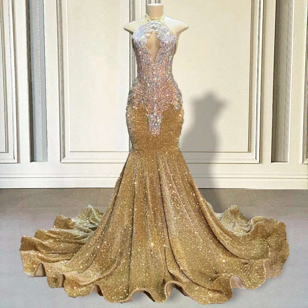 Rhies Prom Dress Black Girls Halter Neck Beaded Corset Formal Gold Evening Party Gowns Graduation Customized