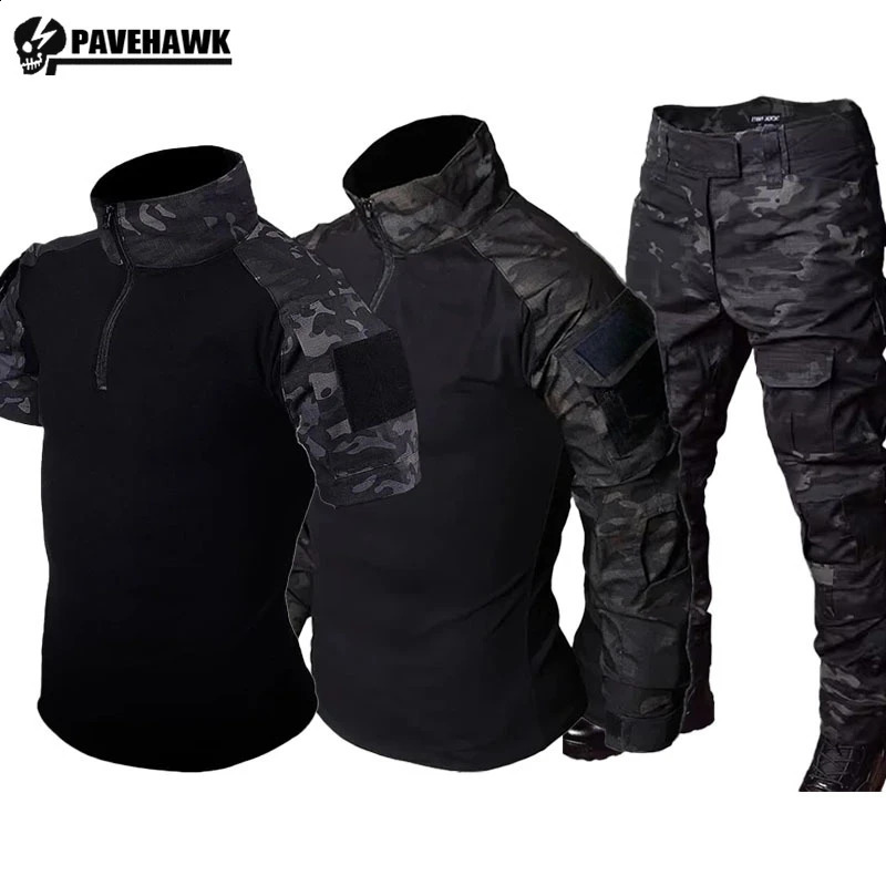 Summer Black Camo Training Set Mens Half Zip Combat Tops Waterproof Tactical Suit Elastic Multiple Pockets Quick Drying 3-pcs 250218