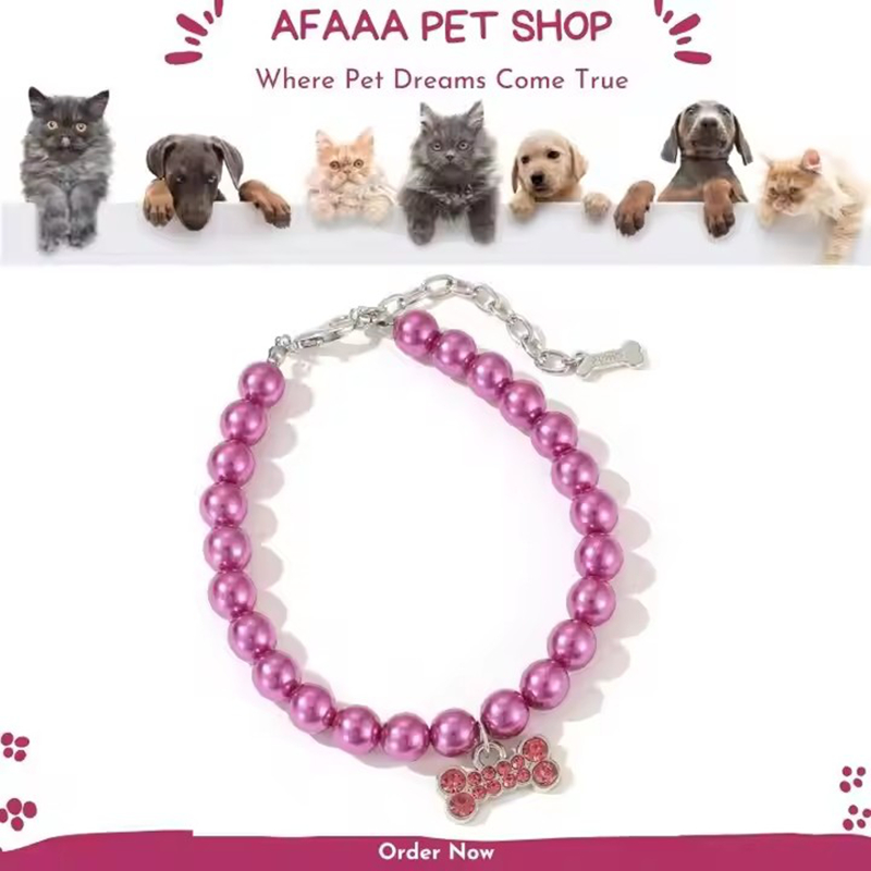 Fashion Pearl Dog Necklace with Shining Rhinestone Bone Charm in Different Colors, Jewelry Dog Necklace for Puppy Kitten Small Dogs Wedding Birthday G