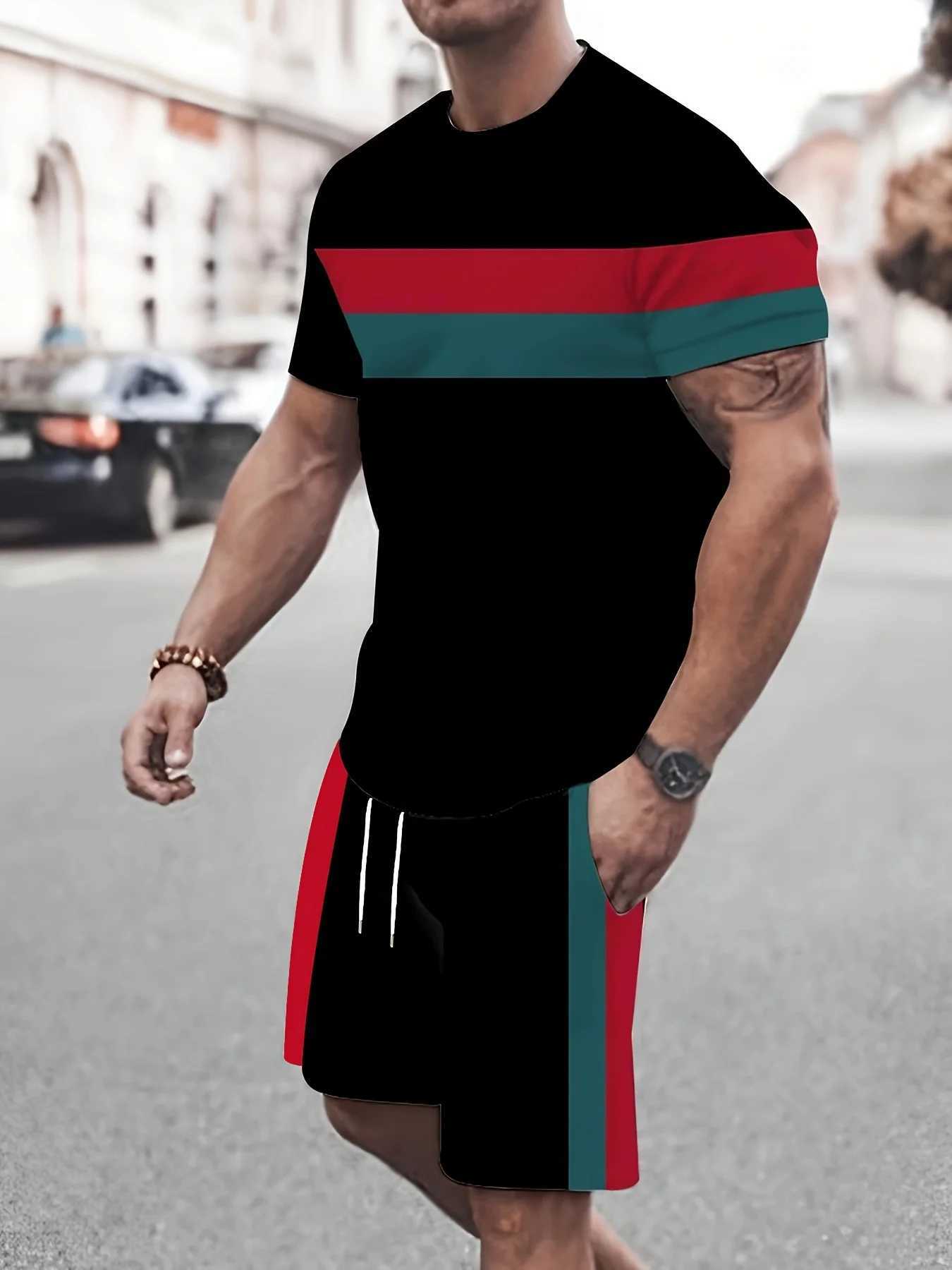 Summer vocation Mens Tshirt Set 3D Print Solid Color Men Round Neck T-Shirt Shorts Two Piece Set Casual Man Suits ClothingXJ250218