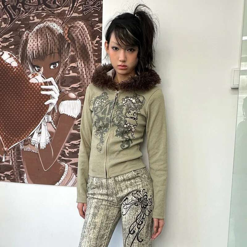Karrram Japanese Y2k Fur Hooded Cardigan Vintage Haruku Tattoo Print Knitted Jacket Trashy 2000s Style Thick Ribbed Coat 90s