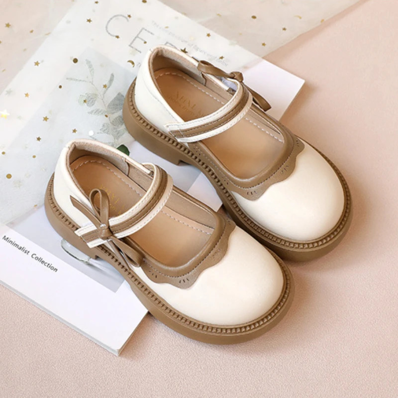 Autumn Girl Leather Shoes Bowtie Black Beige School Causal Children Flat Elegant Round Toe Fashion Patchwork Kids Mary Janes 250219