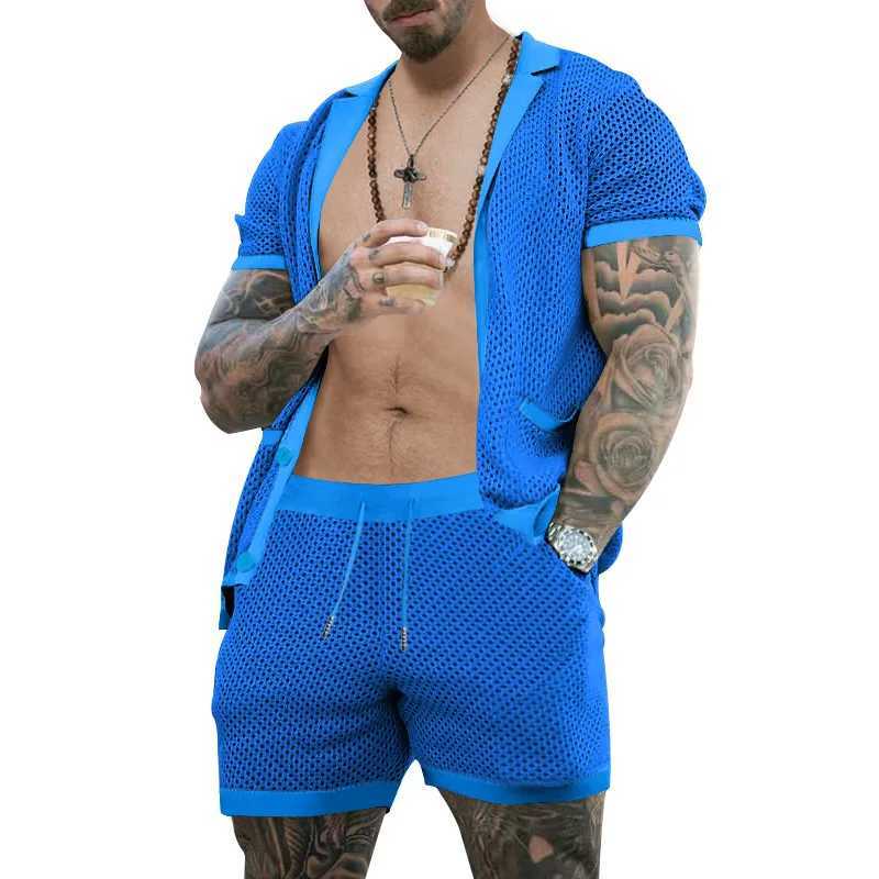 Summer New Hot Selling Mens Wear Hollow Perspective Ice Cool Casual Thin Outwear Mens Short Sleeved Shorts SetXJ250218