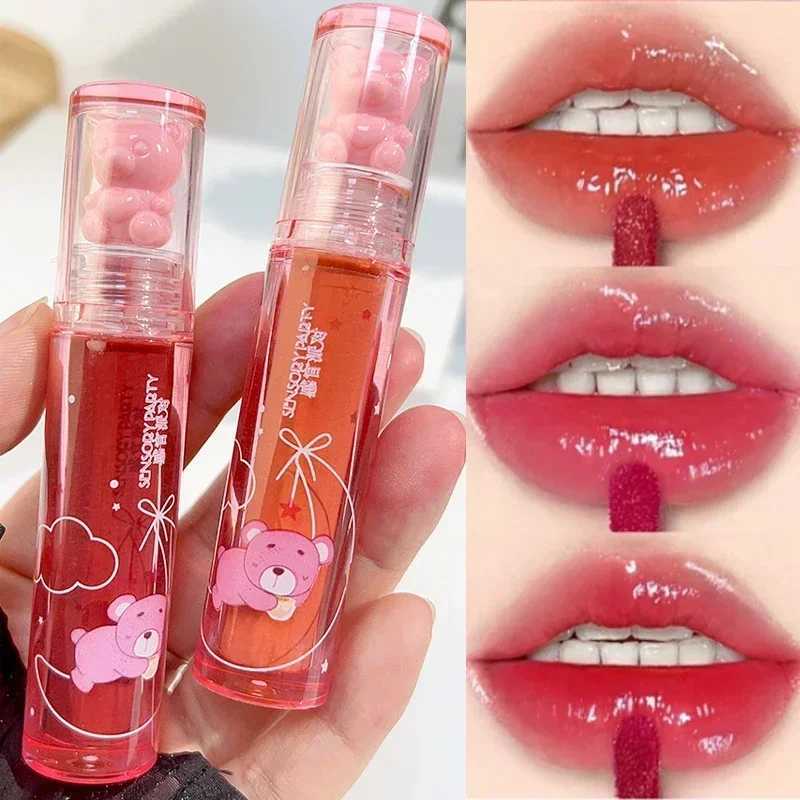 Cute Bear Lip Gloss Crystal Jelly Mirror Waterproof Liquid Lipstick Moisturizing Reducing Lip Lines Long Lasting Lip Ink MakeupW250219