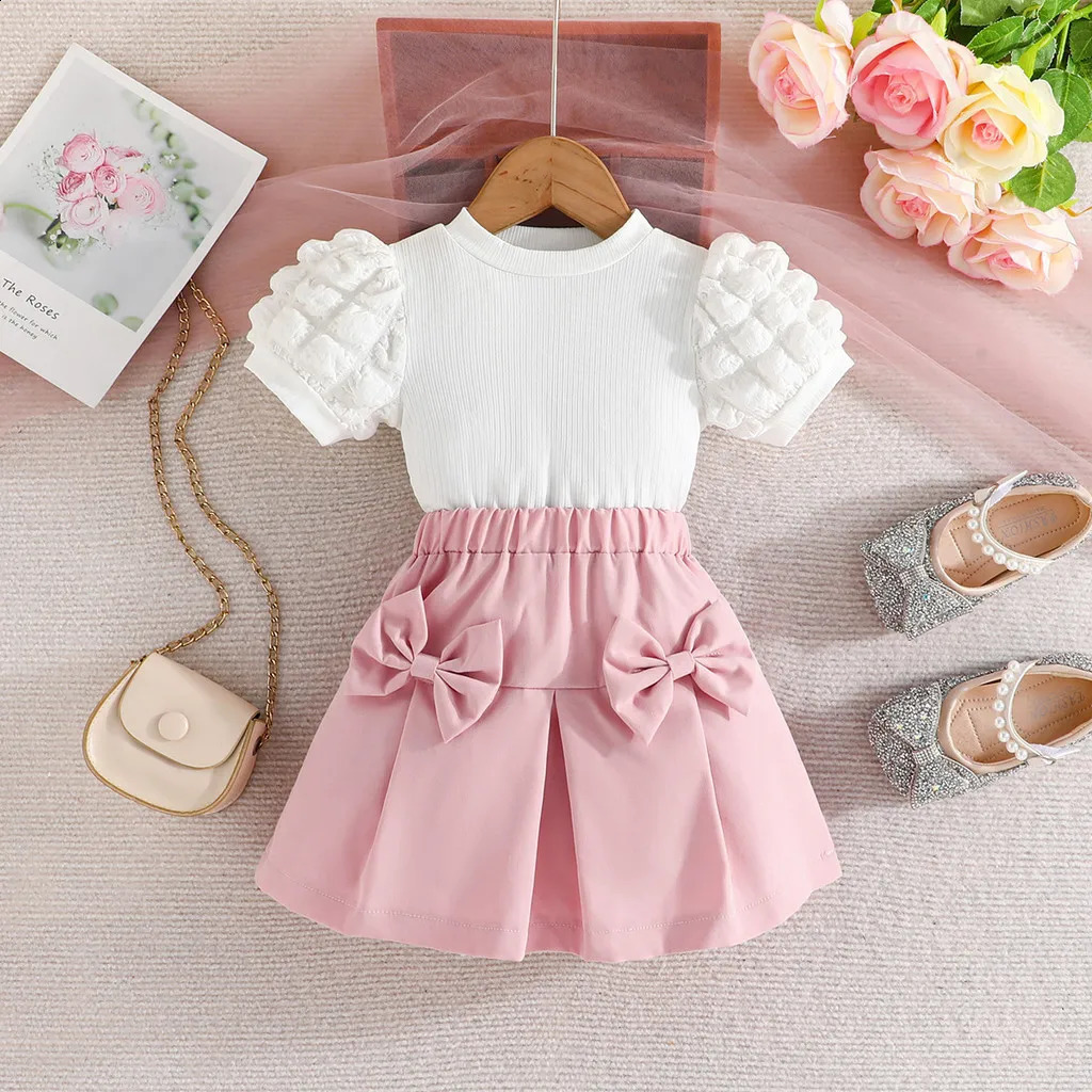 Terno For Kid Girl Puff Sleeve Blouse and Elastic Skirt Summer Outfit Toddler Infant Clothing Set Kids Wear Ootd For Baby Girl 250218