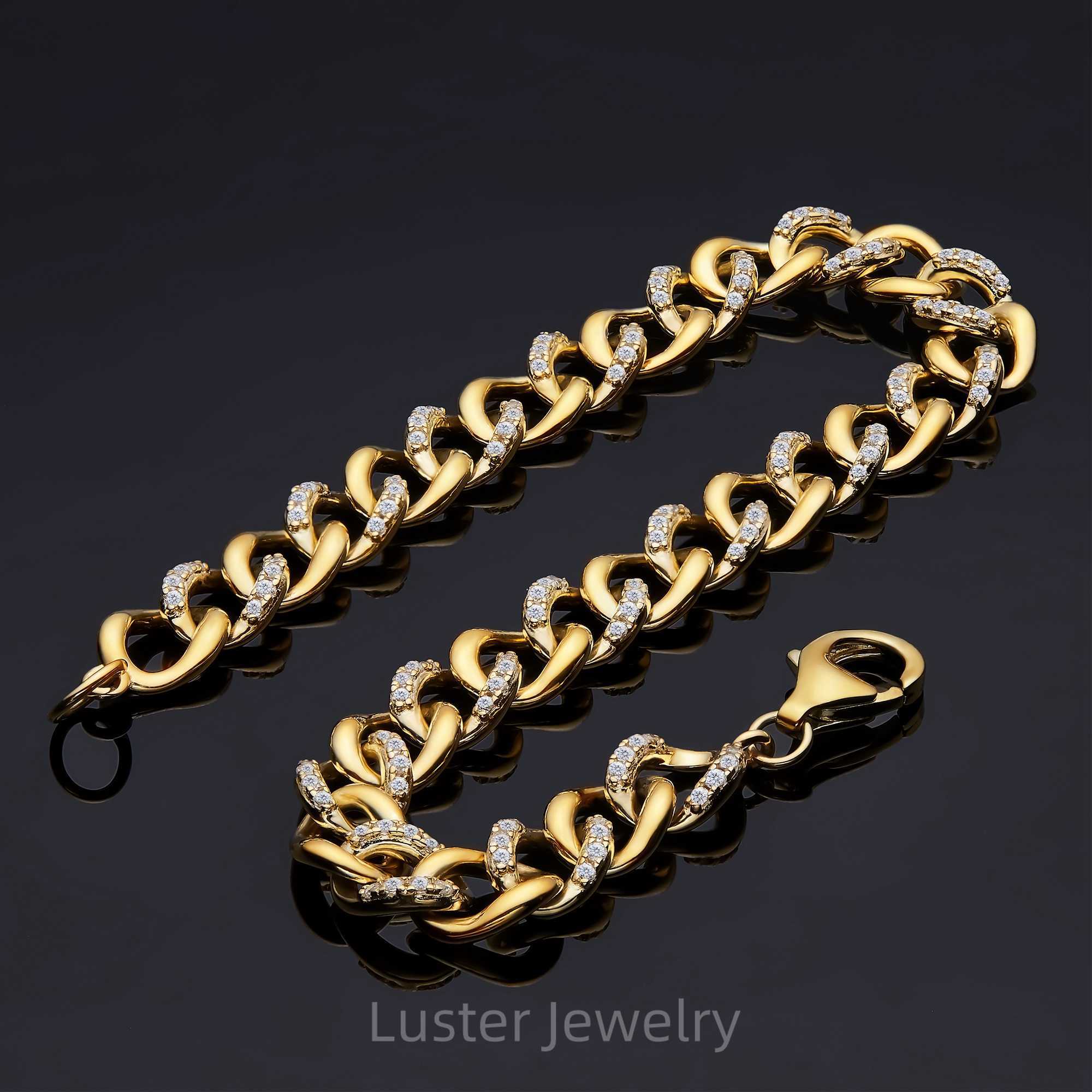Luster 925 Silver 18k Gold Plated Moissanite Cuban Link Chain 5mm Round Cut Moissanite Silver 925 Cuban Bracelet