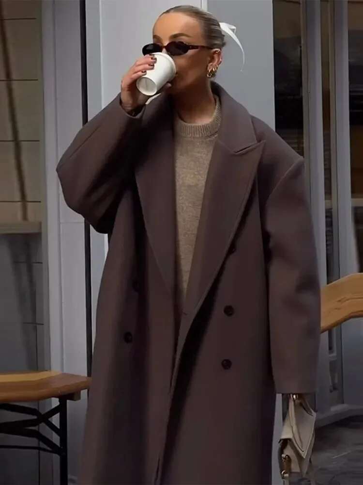 Lapel Women Long Coats Casual Straight Overcoat Double-Breasted Office Ladies Coat Autumn Winter Vintage Streetwear Outwear