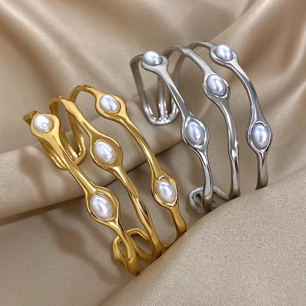 Vintage Layered Gold Plated Pearl Stainless Steel Bangles Bracelet for Women Men Bohemia Wide Open Cuff Wrist Party Jewelry Gift 250213