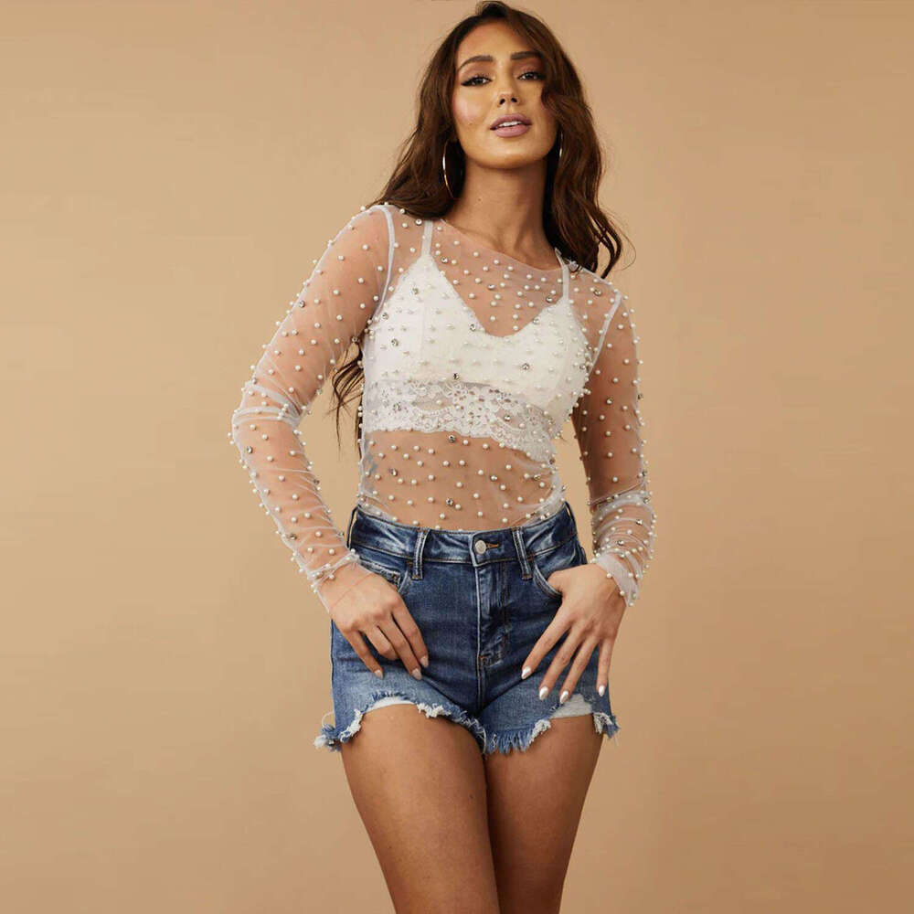 Spring/Summer Hot selg Bubble Bead Dia Perspective Mesh Top Women's 2025 New Casual Fashion Trendy Clothing