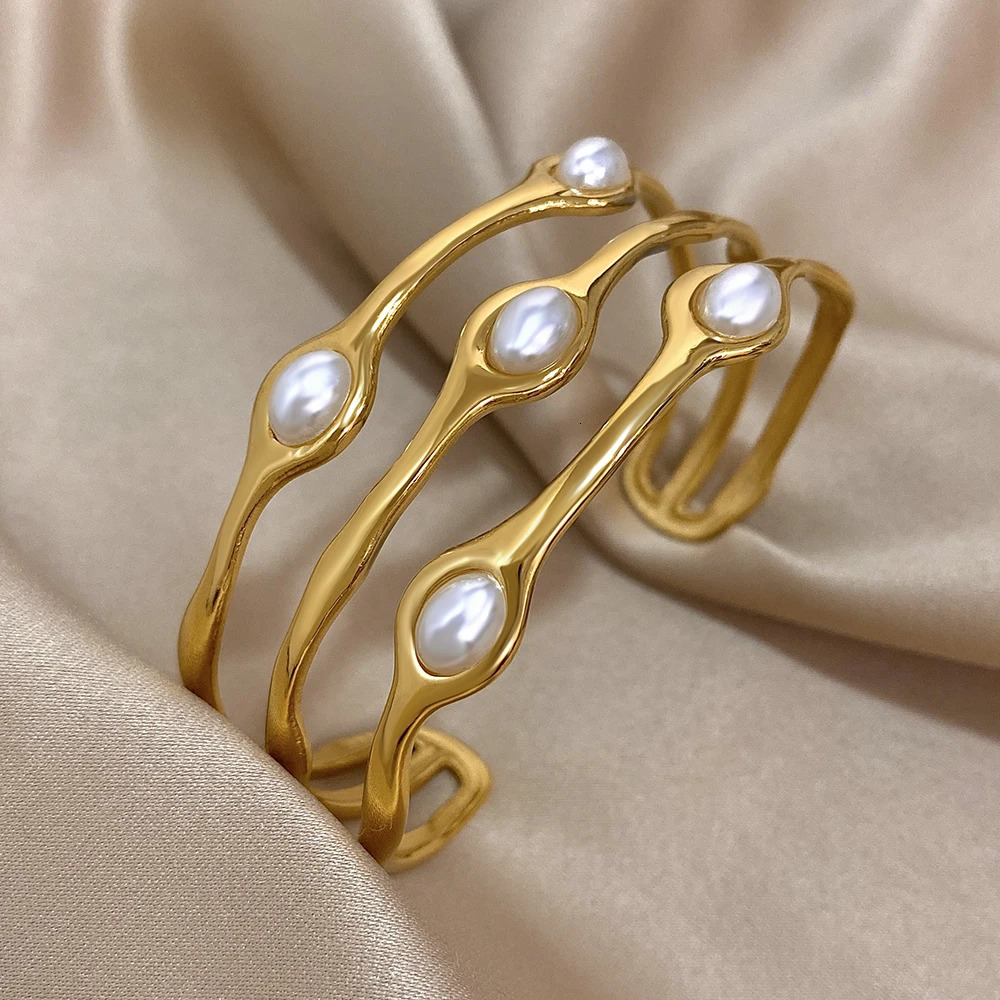 Vintage Layered Gold Plated Pearl Stainless Steel Bangles Bracelet for Women Men Bohemia Wide Open Cuff Wrist Party Jewelry Gift 250213