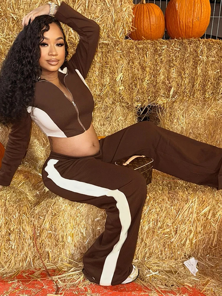 kliou Panelled Patchwork Women 2 Piece Set Fall Casual Lapel Full Sleeve Skinny Zip-up TopsOversized Straight Pants Basic Suits 250218