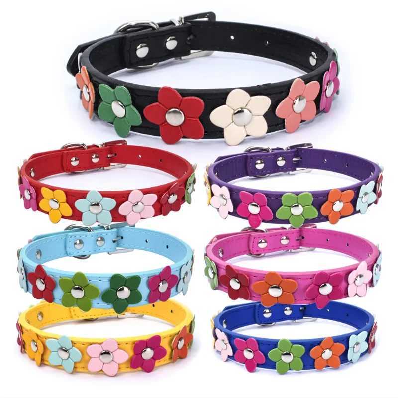 Flower pet dog collar belt PU leather cat chain necklace necklace necklace suitable for small and medium-sized animals Teddy Wawahabat dog fashion W25